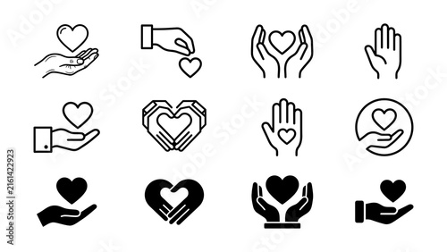 Hand holding heart icons set in different styles