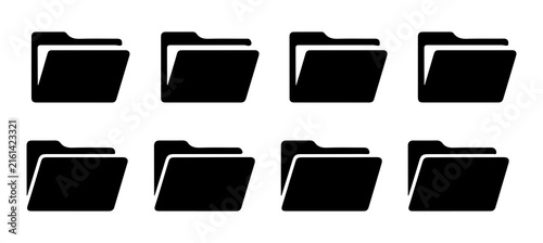 Black folder icon set with solid file silhouettes for digital organization data management and web navigation.