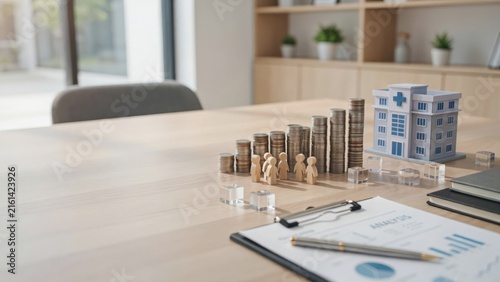 Healthcare investment concept with a miniature hospital building model, stacks of coins, wooden figures, and financial analysis report on desk