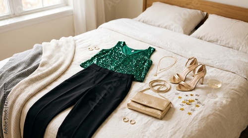 Stylish outfit laid out on a bed, ready for a night out