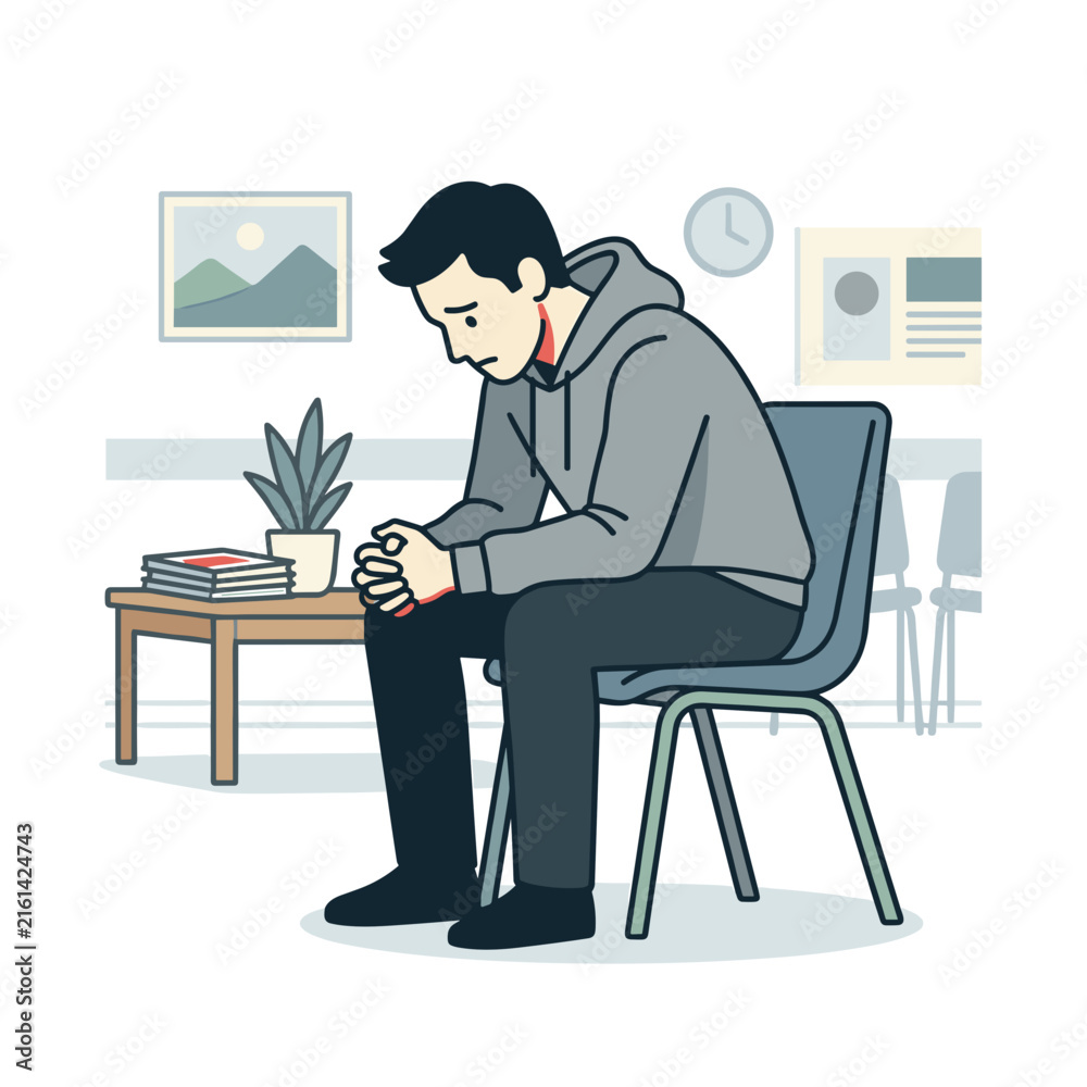 Fototapeta premium Young man sitting alone looking sad and worried.