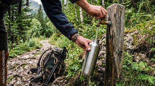 Hiker Refilling Water Bottle from Forest Water Source During Trek