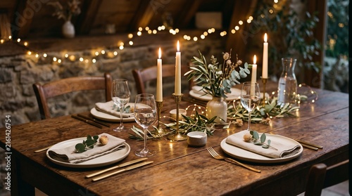 Elegant table setting with candles and fairy lights for a cozy dinner