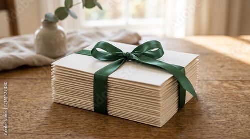 Stack of blank greeting cards tied with a festive green ribbon and bow