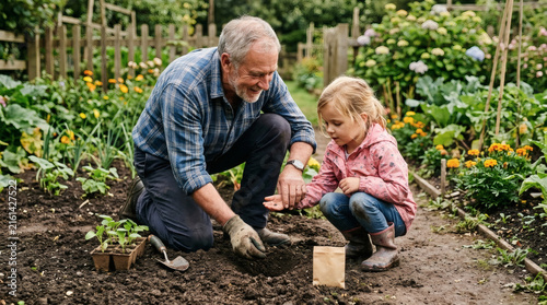 A grandfather and his granddaughter are kneeling in a garden, planting seeds together as they tend to the fertile soil.