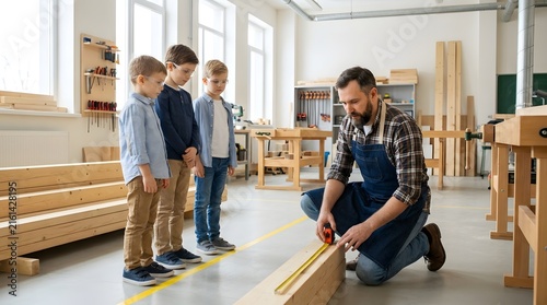 Focused adult carpenter teaching curious young boys woodworking in workshop