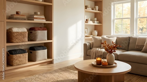 Cozy Autumn Living Room Interior Featuring Wooden Shelves and Sofa