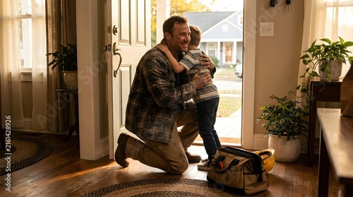 Happy young father hugging little son returning home from work