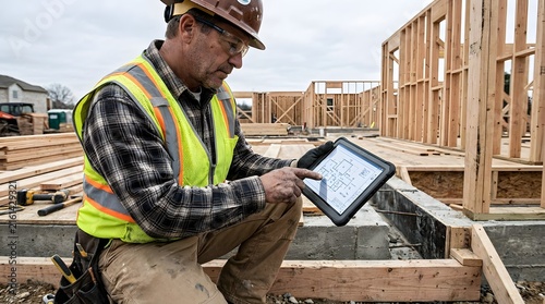 Focused adult male contractor checking architectural blueprints on digital tablet outdoors