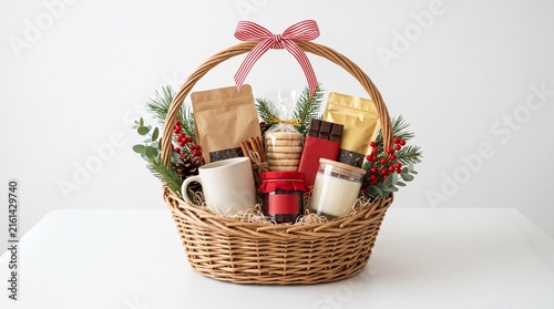 Festive holiday gift basket filled with treats and decorations