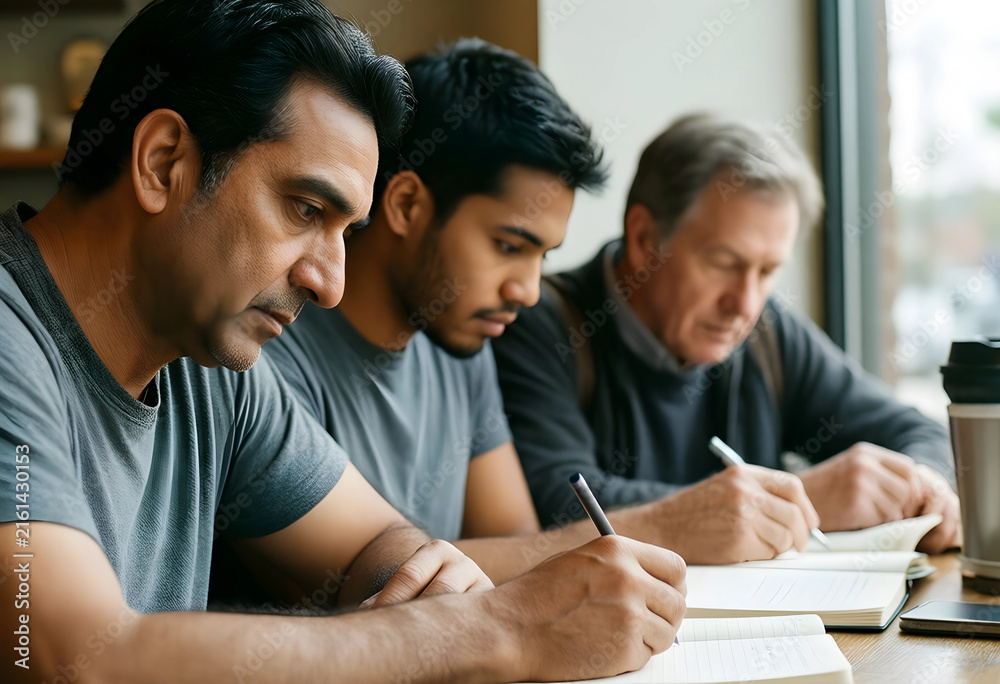 Fototapeta premium Lifelong learning and adult education, diverse men studying together in a cafe, focused students writing notes in notebooks
