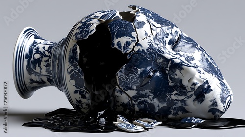 118. A psychological metaphor for a shattered mind. A human head depicted as a beautiful ceramic vase that has dropped and broken on the floor, with a sea of deep, black ink slowly pouring out 