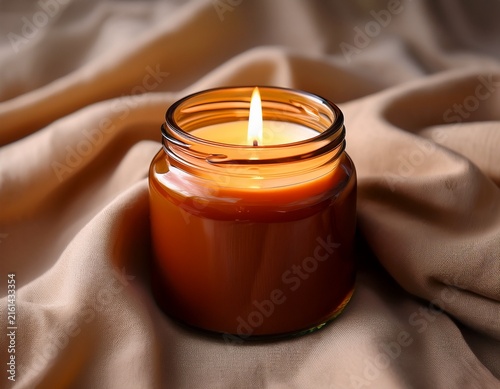 warm glowing candle in an amber jar on soft beige draped fabric creating a serene and cozy atmosphere