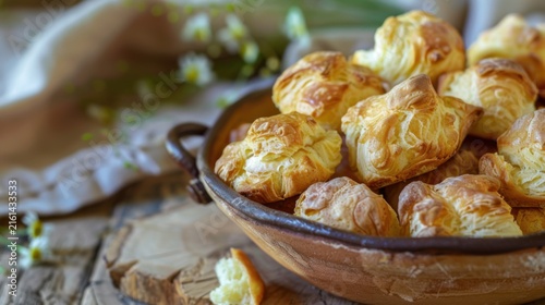 Golden baked cream puffs filled with smooth vanilla custard, dusted with powdered sugar, set on a rustic ceramic plate, appetizing food photography with warm natural light.