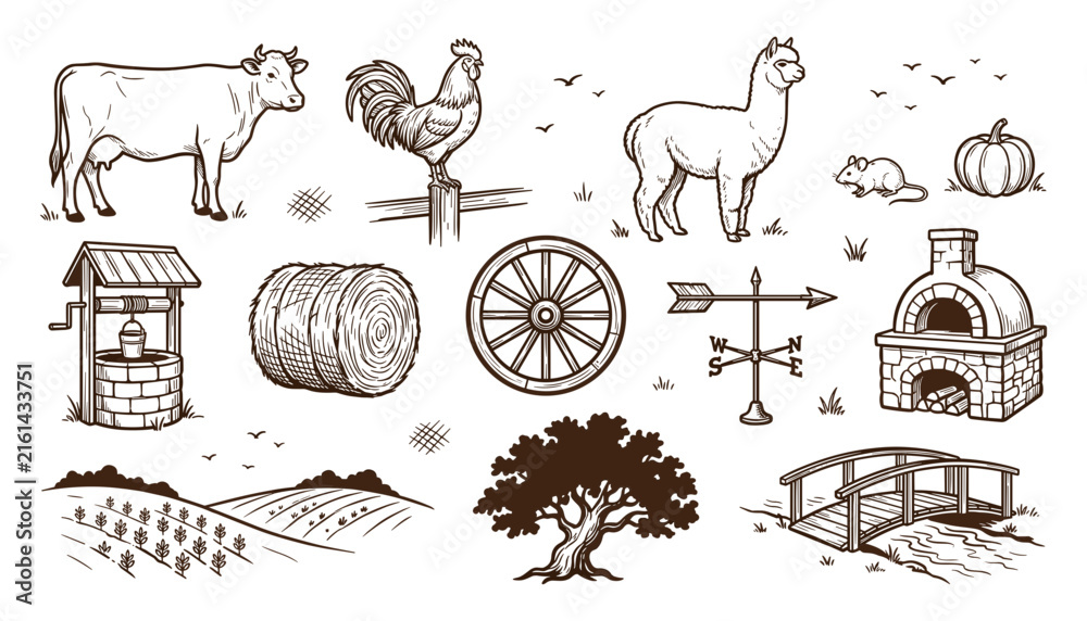 Naklejka premium Vintage Farm Life and Countryside Vector Icon Set with Barnyard Animals, Rural Landscape Elements, and Agricultural Tools for Graphic Design Projects