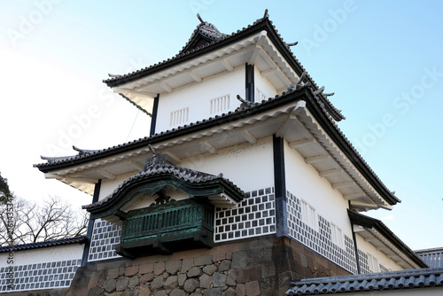 Kanazawa Castle Turret Low Angle View Showing White Walls and Copper Balcony