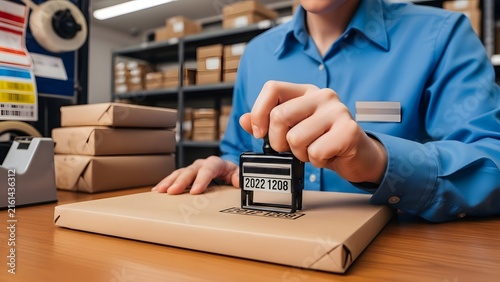 Worker stamps a tracking number on a cardboard package inside a busy warehouse.
