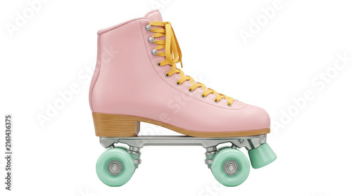 A pink roller skate with mint green wheels and yellow laces isolated on transparent background