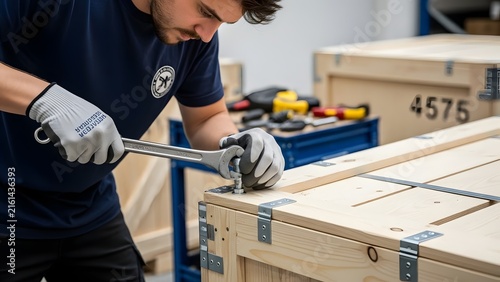 Worker secures a heavy wooden shipping crate using an open-end spanner wrench in a cargo warehouse.