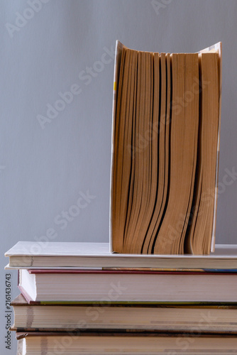 Quadro su tela Stack Of Books With Fanned Brown Pages Standing Vertically on a Neutral Backgrou