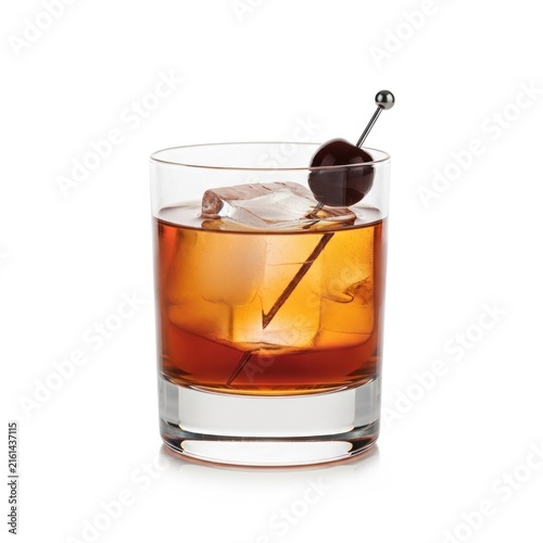 Classic Old Fashioned Cocktail with Cherry Garnish on White Background.