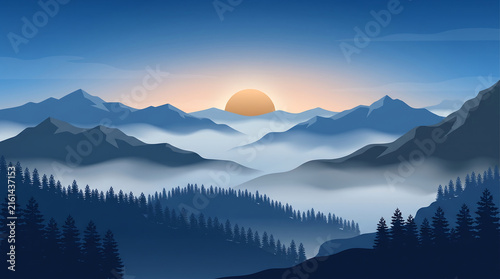 Minimalist mountain landscape with sunrise sapphire blue Generative AI