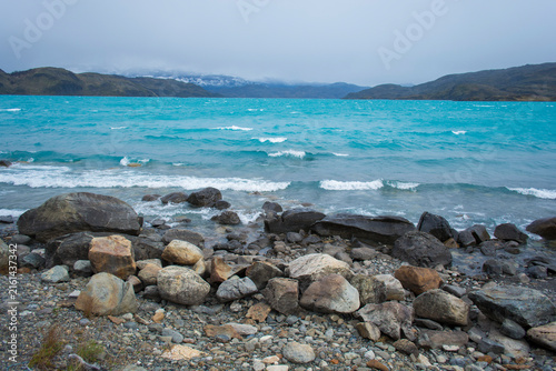 Pehoe lake landscape, Torres del Paine National Park, Patagonia, Chile.