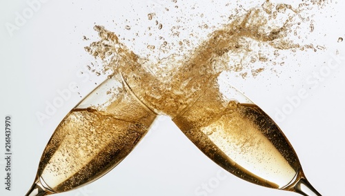 Champagne Glasses Clinking Together with Bubbles and Splashes.
