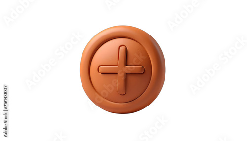 A 3D rendered orange button with a plus sign centered on it against a dark backdrop. isolated on white background
