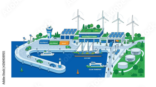 Sustainable Port Cityscape with Renewable Energy and Eco-Friendly Transport