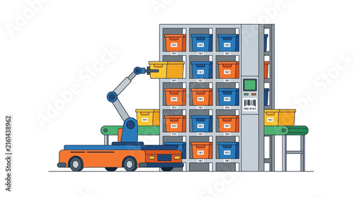 Automated warehouse robot arm storing boxes in vertical shelving unit