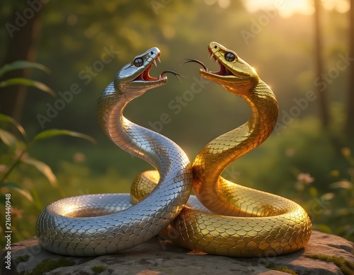 Two entwined snakes one silver one gold with open mouths showing tongues and fangs in golden sunlight generative ai ai generated