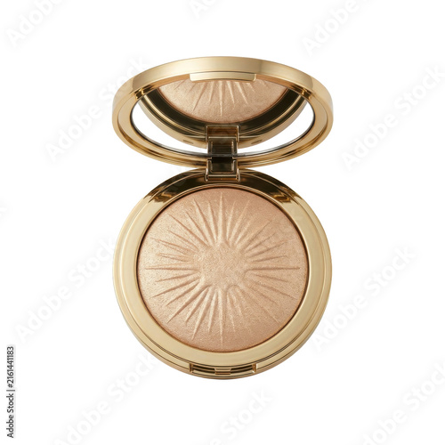 Golden highlighter makeup compact, shimmering face powder in luxury gold case, sunburst embossed cosmetic bronzer isolated PNG with Transparent Background