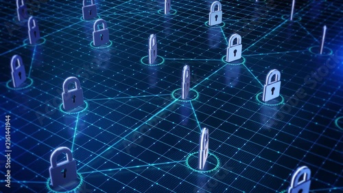 Multiple padlocks connect across a blue network grid, representing zero trust security, secure access, privacy, authentication, threat prevention and protection of cloud and enterprise data.