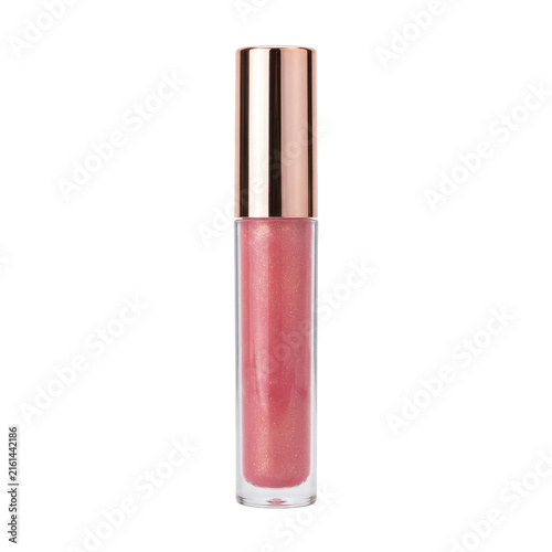Pink shimmering lip gloss with rose gold cap, liquid lipstick cosmetic tube, sparkling makeup beauty product isolated PNG with Transparent Background