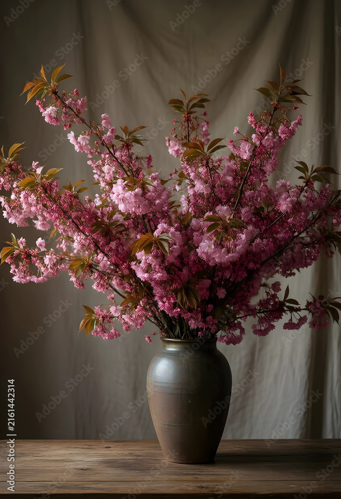 Fototapeta premium Spring blossom and floral arrangement, pink cherry tree flowers in a rustic vase on a wooden table, natural light still life