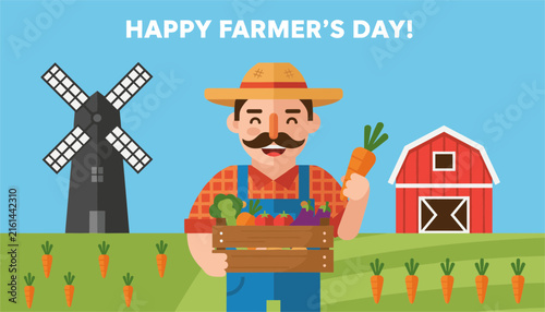 Friendly male farmer holding wooden crate of fresh vegetables and carrot in hand to celebrate Happy Farmers Day.