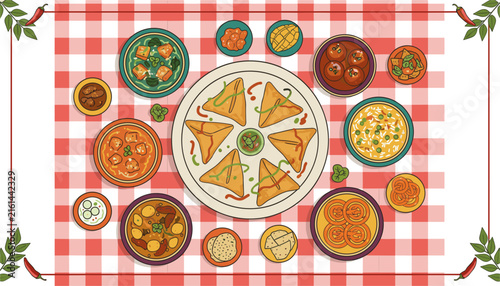 Delicious Indian cuisine feast viewed from above on red checkered tablecloth featuring samosas, curries, and sweets.