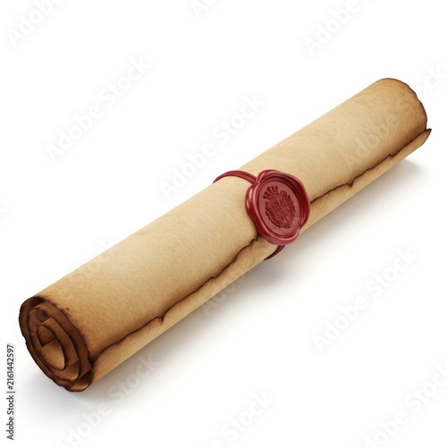 Ancient Scroll Sealed with Red Wax on White Background.