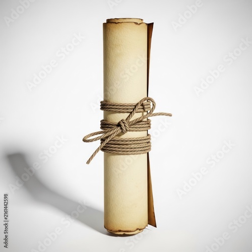Ancient Scroll Tied with Twine on a White Background.