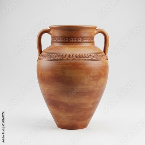 Ancient Terracotta Amphora with Two Handles and Decorative Bands.