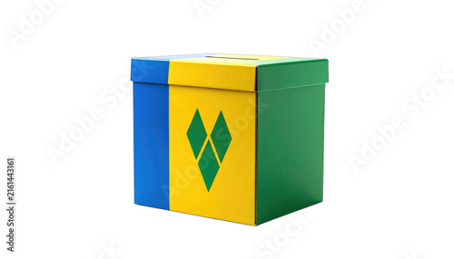 A ballot box adorned with the flag of Saint Vincent and the Grenadines stands against a dark background. isolated on white background