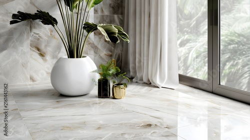 Lush tropical green plant in a large white ceramic pot sits beside smaller golden metallic planters on polished marble flooring
