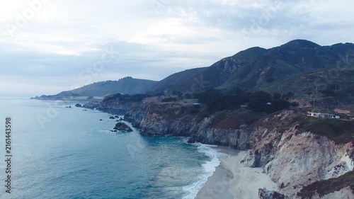 Aerial Bixby Bridge (Rocky Creek Bridge) and Pacific Coast Highway near Big Sur in California, USA America. Drone Shot