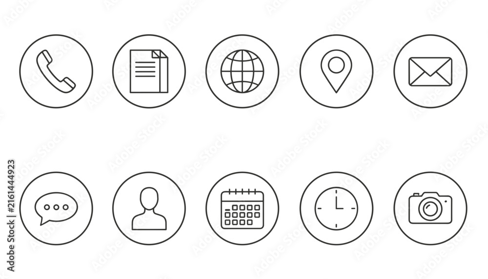 Fototapeta premium Set of ten round vector icons featuring contact, communication, time, location, and media thin line drawings on white.