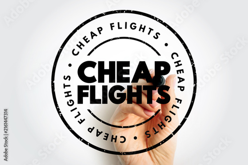 Cheap Flights shown in a large stamp circular graphic with a hand holding a marker, evoking travel deals, airfare discounts, tourism promotions, and budget-friendly flight marketing visuals