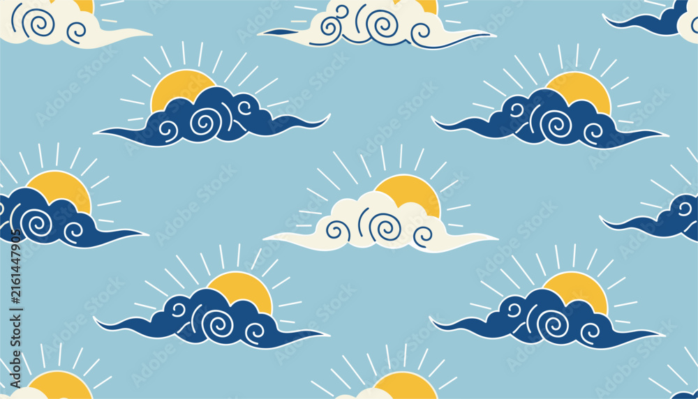 Naklejka premium Traditional Asian style seamless pattern of yellow suns rising behind stylized blue and white swirling clouds on a blue sky.
