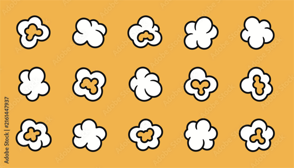 Obraz premium Popcorn pattern showing multiple individual popped kernels neatly arranged over a bright orange background.