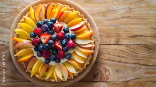 A stunning close-up photograph of a freshly baked fruit tart featuring a golden, flaky pâte sucrée crust generously filled with luscious vanilla custard cream and beautifully crowned with an abundant 