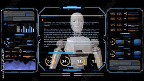 AI assistant robot surrounded by modern digital dashboard elements and interactive data visualization, illustrating smart automation, artificial intelligence, technological innovation, connectivity, a